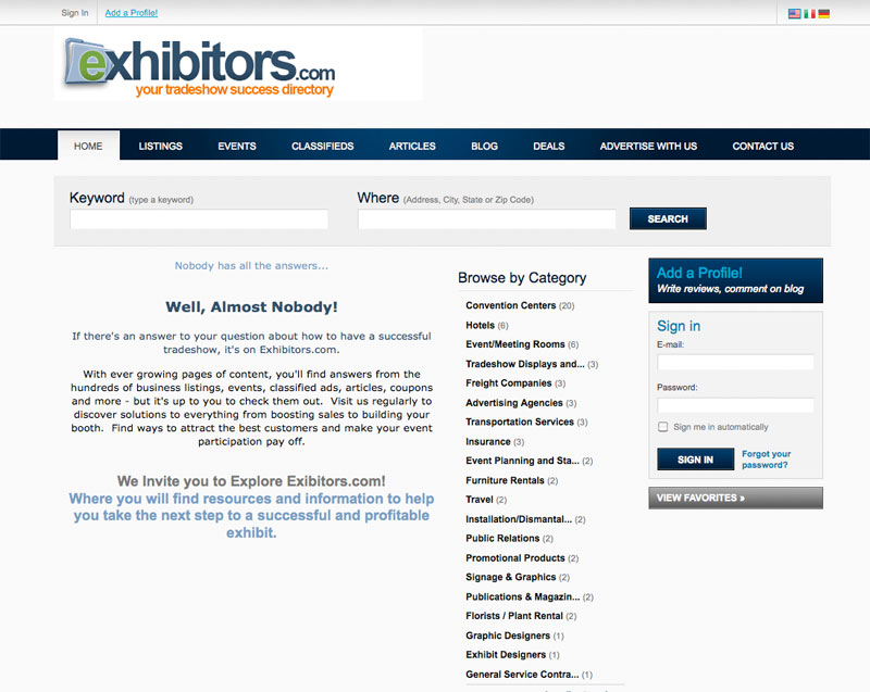 Exhibitors.com homepage